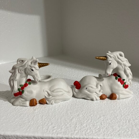 Set Of Two Hand Painted Christmas Unicorn Votive Candle Holder Holiday Trinkets - Picture 1 of 10